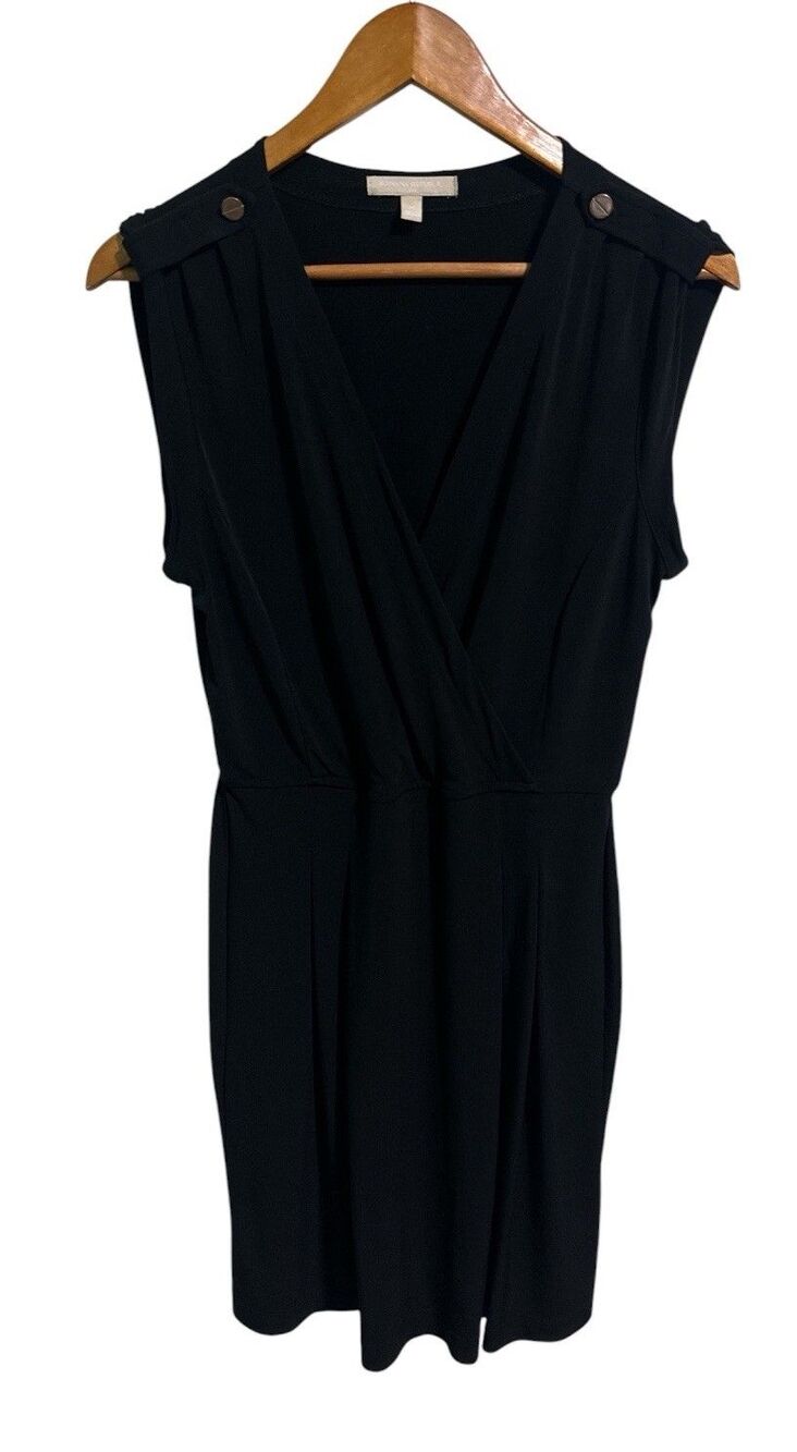 Banana Republic Dress M Black Faux Wrap Sheath Sleeveless Stretch Midi